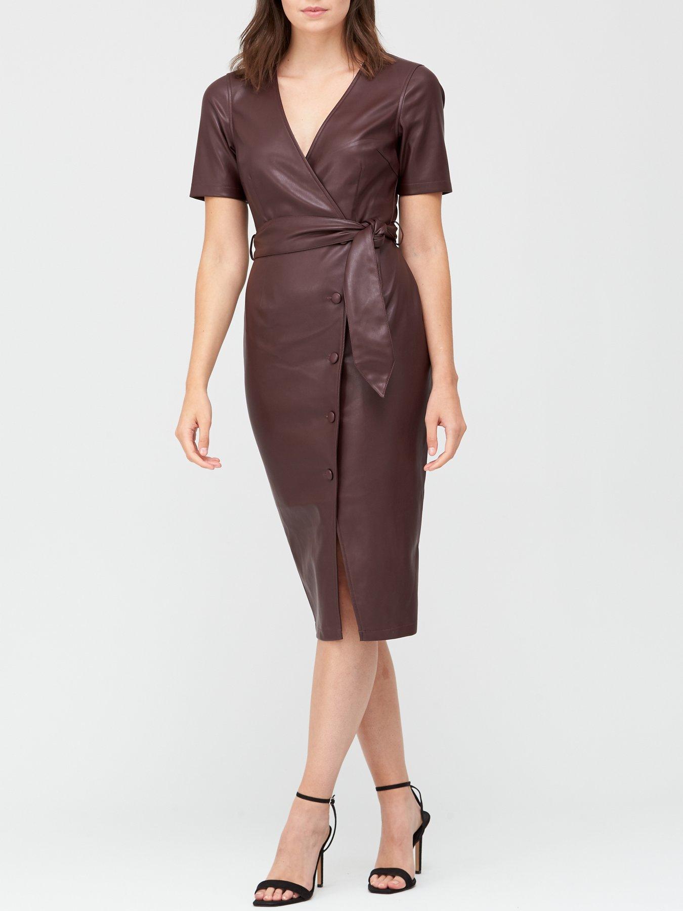V by Very Faux Leather Wrap Over Belted Midi Dress - Burgundy | very.co.uk